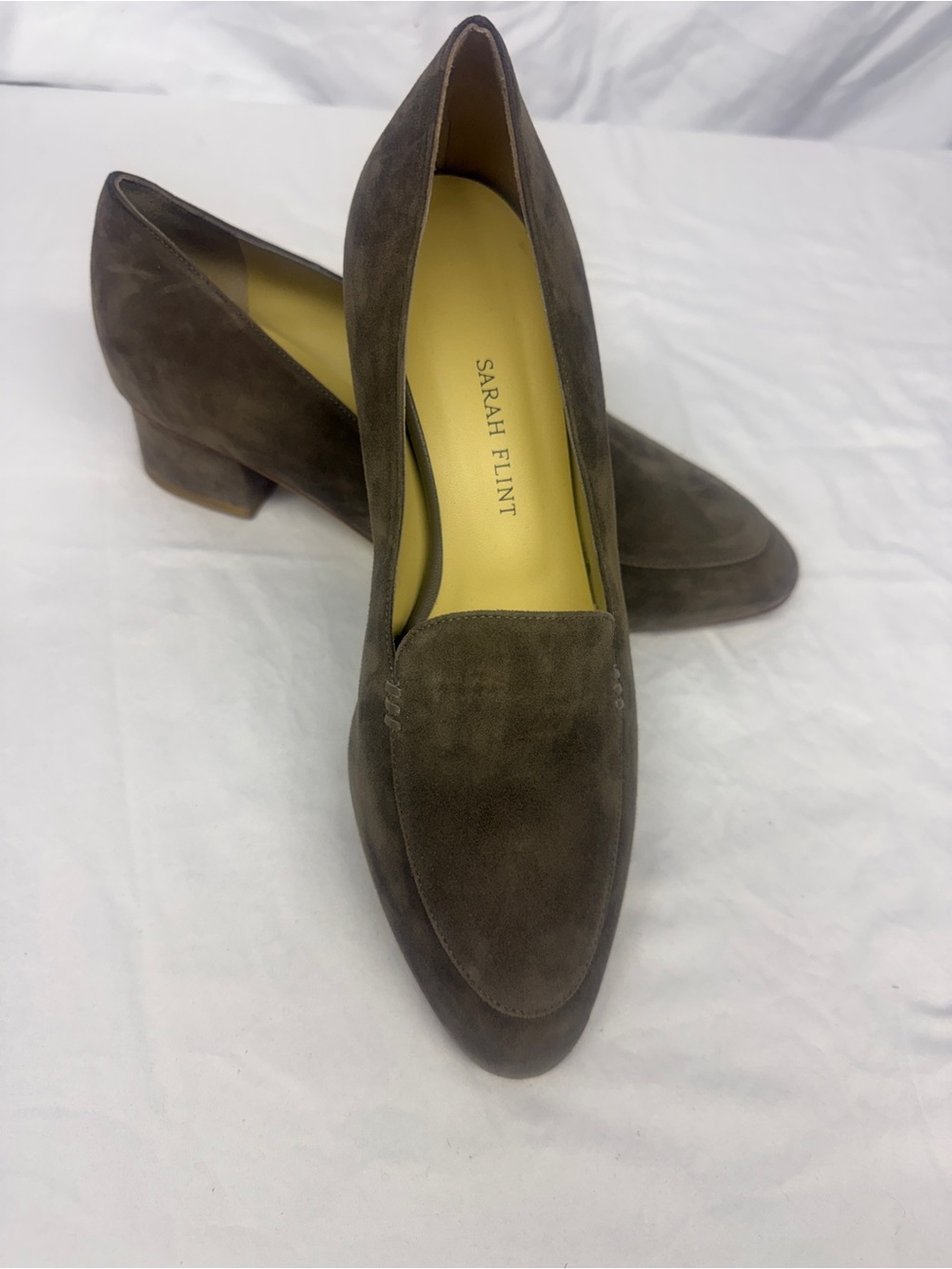 Sarah Flint Taupe Suede Low Block Heel Loafers